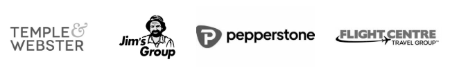 Brand Logos: Temple & Webster, Jim's Group, Pepperstone, Flight Centre